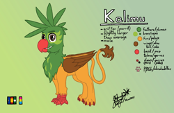 Size: 6144x3998 | Tagged: safe, artist:summerium, oc, oc only, oc:kalimu, griffon, hybrid, parrot, parrot griffon, beak, claws, feather, gradient background, leonine tail, male, reference sheet, solo, spanish, tail, talons, text, wings