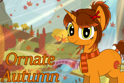 Size: 4500x3000 | Tagged: safe, artist:legendoflink, oc, oc only, oc:ornate autumn, pony, unicorn, autumn, bridge, clothes, crepuscular rays, freckles, horn, leaves, ribbon, river, scarf, solo, striped scarf, unicorn oc, water