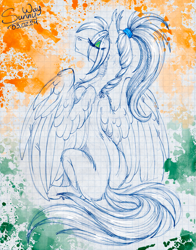 Size: 1253x1600 | Tagged: safe, artist:sunny way, oc, oc only, oc:sunny way, pegasus, pony, g4, cute, digital art, eye clipping through hair, eyebrows, eyebrows visible through hair, eyes closed, eyeshadow, facing away, feather, female, fluffy, ipad, long ears, makeup, mare, paper, realistic paint studio, sitting, solo, traditional art, watercolor painting, wings
