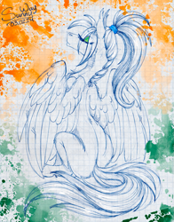 Size: 1253x1600 | Tagged: safe, artist:sunny way, oc, oc only, oc:sunny way, pegasus, pony, g4, cute, digital art, eye clipping through hair, eyebrows, eyebrows visible through hair, eyes closed, eyeshadow, facing away, feather, female, fluffy, graph paper, ipad, long ears, makeup, mare, paper, realistic paint studio, sitting, solo, spine, traditional art, watercolor painting, wings