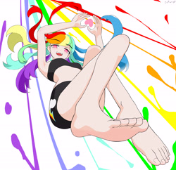 Size: 4570x4422 | Tagged: safe, artist:cz, rainbow dash, human, absurd resolution, anime style, barefoot, eyebrows, eyebrows visible through hair, feet, female, heart, heart hands, looking at you, looking down, looking down at you, open mouth, open smile, signature, simple background, smiling, smiling at you, solo, white background