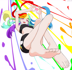 Size: 4570x4422 | Tagged: safe, artist:cz, rainbow dash, human, g4, absurd resolution, anime style, barefoot, eyebrows, eyebrows visible through hair, feet, female, heart, heart hands, humanized, legs, looking at you, looking down, looking down at you, open mouth, open smile, signature, simple background, smiling, smiling at you, solo, white background