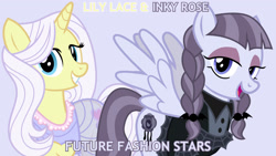 Size: 1920x1080 | Tagged: safe, artist:cheezedoodle96, edit, editor:jaredking779, inky rose, lily lace, pegasus, pony, unicorn, g4, clothes, dress, duo, duo female, eyeshadow, female, goth, goth pony, horn, makeup, mare, purple background, see-through, simple background, spread wings, wings