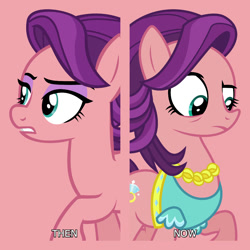 Size: 1080x1080 | Tagged: safe, artist:90sigma, artist:ironm17, edit, editor:jaredking779, spoiled rich, earth pony, pony, g4, clothes, eyeshadow, female, makeup, mare, pink background, self paradox, self ponidox, simple background, solo, spoiled milk, then and now