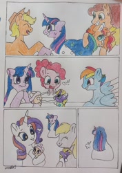 Size: 1080x1526 | Tagged: safe, artist:doodletheexpoodle, applejack, cheese sandwich, derpy hooves, pinkie pie, rarity, sunburst, twilight sparkle, oc, oc:daylight amethyst, oc:northern star, alicorn, earth pony, pegasus, pony, unicorn, comic:post blues, g4, baby, baby pony, birthday cake, brother and sister, cake, cheesejack, colt, comic, female, filly, foal, food, holding a pony, horn, male, offspring, parent:sunburst, parent:twilight sparkle, parents:twiburst, ship:twiburst, shipping, siblings, straight, traditional art, twilight sparkle (alicorn)