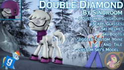 Size: 3840x2160 | Tagged: safe, artist:sindroom, double diamond, fluttershy, rainbow dash, earth pony, pony, 3d, boots, clothes, goggles, helmet, male, scarf, shoes, skis, solo, source filmmaker, stallion