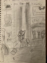 Size: 3024x4032 | Tagged: safe, artist:goldenmidnight, twilight sparkle, oc, oc:snowflake, g4, apartment, atg 2024, forehead shadow, manehattan, monochrome, mysterious, newbie artist training grounds, newspaper, offscreen character, traditional art, trash, wanted poster