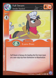 Size: 344x480 | Tagged: safe, enterplay, full steam, john bull, promontory, earth pony, pony, g4, my little pony collectible card game, premiere, ccg, hat, male, merchandise, solo focus, stallion