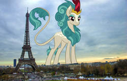 Size: 4272x2740 | Tagged: safe, artist:efernothedragon, edit, editor:jaredking779, rain shine, kirin, g4, eiffel tower, eyeshadow, female, france, giant kirin, giant pony, high res, highrise ponies, irl, leonine tail, looking down, macro, makeup, paris, photo, ponies in real life, queen, solo, story included, tail, tall