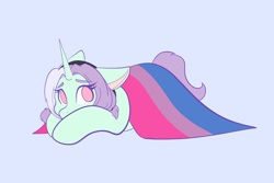 Size: 2048x1365 | Tagged: safe, artist:mscolorsplash, oc, oc only, oc:mod chi, pony, unicorn, bisexual pride flag, blue background, female, horn, lying down, mare, ponysona, pride, pride flag, prone, simple background, solo