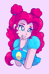 Size: 1365x2048 | Tagged: safe, artist:mscolorsplash, pinkie pie, human, equestria girls, g4, afro puffs, alternate hairstyle, breasts, bust, busty pinkie pie, cute, diapinkes, female, open mouth, open smile, pink background, simple background, smiling, solo, white pupils