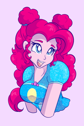 Size: 1365x2048 | Tagged: safe, artist:mscolorsplash, pinkie pie, human, equestria girls, equestria girls specials, g4, afro puffs, alternate hairstyle, breasts, bust, busty pinkie pie, cleavage, clothes, cute, cutie mark on clothes, diapinkes, female, hair bun, hairband, open mouth, open smile, pink background, simple background, smiling, solo, white pupils