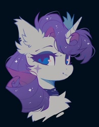 Size: 1146x1466 | Tagged: safe, artist:mirtash, edit, rarity, pony, unicorn, g4, black background, blue eyes, bust, choker, cropped, ear piercing, earring, eyeshadow, female, fluffy, horn, jewelry, lidded eyes, looking at you, makeup, mare, piercing, purple mane, ringlets, simple background, slit pupils, smiling, smiling at you, solo, sparkly mane, white coat