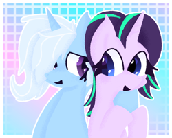 Size: 2548x2048 | Tagged: safe, starlight glimmer, trixie, pony, unicorn, colorful, cute, duo, duo female, female, holding hooves, horn, lesbian, looking at each other, looking at someone, ship:startrix, shipping