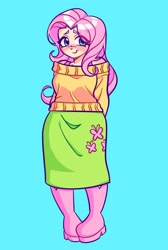 Size: 2193x3256 | Tagged: safe, artist:minky, fluttershy, human, g4, arm behind back, blue background, blushing, boots, clothes, cute, female, hands behind back, high res, humanized, shoes, shyabetes, simple background, smiling, solo, sweater, sweatershy