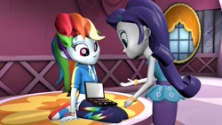 Size: 3840x2160 | Tagged: safe, artist:wissle, rainbow dash, rarity, equestria girls, g4, 3d, atg 2024, carousel boutique, duo, duo female, female, high res, makeover, makeup, makeup kit, newbie artist training grounds, not sure if want, rarity peplum dress, sitting, source filmmaker, standing