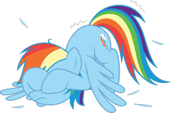 Size: 1353x895 | Tagged: safe, artist:sollace, derpibooru exclusive, rainbow dash, pegasus, g4, face covered, face down ass up, feather, messy mane, scared, simple background, solo, spread wings, transparent background, vector, wings