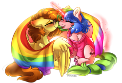 Size: 3500x2400 | Tagged: safe, alternate version, artist:yuris, oc, oc:carry calamity, oc:yuris, pegasus, pony, unicorn, blushing, ears back, ears up, eyes closed, female, glasses, horn, lesbian, lgbt, magic, open mouth, pride, pride flag, pride month, shipping, simple background, sitting, smiling, spread wings, telekinesis, white background, wings