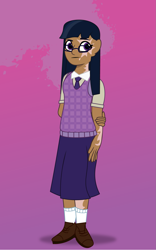 Size: 1125x1800 | Tagged: safe, artist:prixy05, twilight sparkle, human, g4, clothes, female, glasses, gradient background, human coloration, humanized, moderate dark skin, scared, solo, tell your tale style, vitiligo