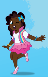 Size: 1125x1800 | Tagged: safe, artist:prixy05, pinkie pie, human, g4, clothes, dark skin, female, freckles, gradient background, hairpin, headcanon, human coloration, humanized, lgbt headcanon, pansexual pride flag, pride, pride flag, solo, tell your tale style