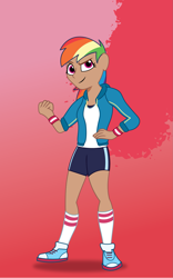 Size: 1125x1800 | Tagged: safe, artist:prixy05, rainbow dash, human, g4, clothes, female, gradient background, human coloration, humanized, moderate dark skin, solo