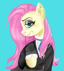 Size: 1800x2000 | Tagged: artist needed, safe, fluttershy, pegasus, pony, semi-anthro, fake it 'til you make it, g4, clothes, delicious flat chest, ear piercing, eyebrows, female, flattershy, fluttergoth, goth, piercing, raised hoof, simple background, solo