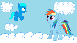 Size: 3992x2256 | Tagged: safe, artist:memeartboi, rainbow dash, pegasus, pony, g4, 20% cooler, awesome, blue sky, cloud, cloudsdale, colt, cute, duo, duo male and female, element of loyalty, female, flying, foal, gumball watterson, happy, introduction, male, meeting, ponified, rainbow, smiling, the amazing world of gumball, unexpected, wings
