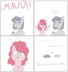 Size: 3880x4096 | Tagged: safe, artist:tkshoelace, boulder (g4), maud pie, pinkie pie, earth pony, pony, friendship is magic, g4, comic, female, holding, multiple characters, rock, siblings, simple background, sisters, speech bubble, text, white background