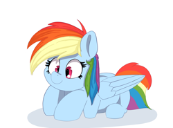 Size: 2700x2000 | Tagged: safe, artist:kenzie, rainbow dash, pegasus, pony, g4, female, happy, high res, lying down, mare, simple background, smiling, solo, white background