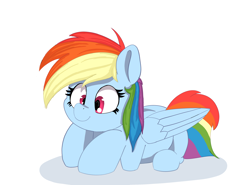 Size: 2700x2000 | Tagged: safe, artist:psychotix, rainbow dash, pegasus, pony, g4, cute, dashabetes, female, folded wings, happy, high res, lying down, mare, prone, simple background, smiling, solo, white background, wings