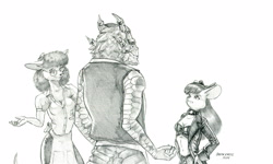 Size: 1600x960 | Tagged: safe, artist:baron engel, apple bloom, oc, lizard, mouse, anthro, female, male, monochrome, mousified, pencil drawing, species swap, story included, traditional art