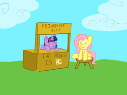 Size: 2048x1536 | Tagged: safe, artist:kiwiplur, fluttershy, twilight sparkle, alicorn, pegasus, pony, charlie brown, cloud, duo, female, lucy's advice booth, mare, peanuts (comic), sitting, stool