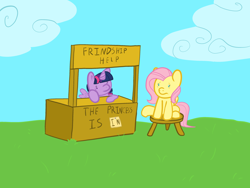 Size: 2048x1536 | Tagged: safe, artist:kiwiplur, fluttershy, twilight sparkle, alicorn, pegasus, pony, g4, charlie brown, cloud, duo, duo female, female, lucy's advice booth, mare, peanuts (comic), sitting, stool