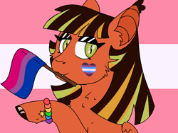 Size: 1024x768 | Tagged: safe, artist:fluffytailponies, oc, oc only, oc:crispi salad, hybrid, pegabat, pony, bisexual, bisexual pride flag, bracelet, chest fluff, fangs, female, flag, fluffy, gender non-conforming, gender non-conforming pride flag, jewelry, multicolored hair, pride, pride flag, sapphic, sapphic pride flag, slit pupils, solo