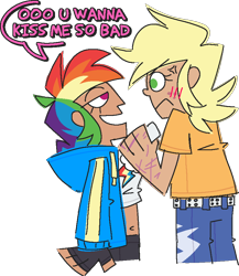 Size: 760x874 | Tagged: safe, artist:threetwotwo32232, applejack, rainbow dash, human, atg 2024, dialogue, female, humanized, lesbian, newbie artist training grounds, ship:appledash, shipping, simple background, transparent background