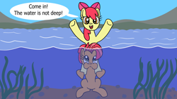 Size: 1920x1080 | Tagged: safe, artist:platinumdrop, apple bloom, babs seed, earth pony, pony, g4, blatant lies, female, filly, foal, holding breath, offscreen character, puffy cheeks, request, speech bubble, underwater, water