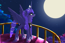 Size: 2400x1600 | Tagged: safe, artist:darksly, princess luna, alicorn, pony, g4, alternate hairstyle, atg 2024, balcony, crown, ethereal mane, ethereal tail, female, full moon, hoof shoes, jewelry, mare, moon, newbie artist training grounds, night, night sky, peytral, regalia, sky, solo, sparkly mane, sparkly tail, spread wings, standing, tail, tiara, wings