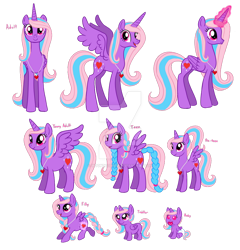 Size: 876x912 | Tagged: safe, artist:moondeer1616, oc, oc only, oc:heart sparkle, alicorn, g4, age progression, baby, braid, concave belly, deviantart watermark, female, filly, foal, glowing, glowing horn, heart necklace, horn, necklace, obtrusive watermark, older, ponytail, reference sheet, simple background, slender, teenager, thin, toddler, transparent background, watermark