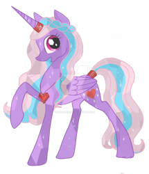 Size: 830x963 | Tagged: safe, artist:moondeer1616, oc, oc only, oc:heart sparkle, alicorn, pony, g4, crystallized, deviantart watermark, female, heart necklace, mare, necklace, obtrusive watermark, raised hoof, simple background, transparent background, watermark