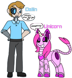 Size: 1291x1395 | Tagged: safe, artist:spectei-and-neraida, cyborg, human, pony, robot, robot pony, unicorn, duo, grin, horn, ponified, simple background, smiling, speech bubble, transparent background, will you snail