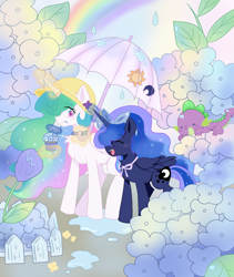 Size: 2384x2830 | Tagged: safe, artist:ruto_me, princess celestia, princess luna, spike, alicorn, dragon, pony, g4, baby, baby dragon, baby spike, cute, cutelestia, female, lunabetes, male, rain, spikabetes, trio, younger