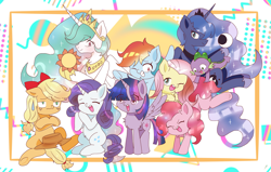 Size: 6495x4134 | Tagged: safe, artist:ruto_me, applejack, fluttershy, pinkie pie, princess celestia, princess luna, rainbow dash, rarity, spike, twilight sparkle, alicorn, dragon, earth pony, pegasus, pony, unicorn, baby, baby dragon, cute, cutelestia, dashabetes, diapinkes, female, horn, jackabetes, lunabetes, male, raribetes, shyabetes, spikabetes, sweat, sweatdrop, twiabetes, twilight sparkle (alicorn)