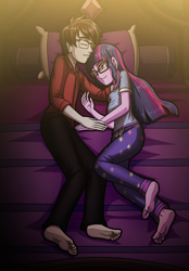 Size: 2103x3018 | Tagged: safe, artist:artemis-polara, sci-twi, twilight sparkle, oc, oc:star clad, human, equestria girls, g4, barefoot, bed, canon x oc, clothes, commission, couple, duo, duo male and female, feet, female, glasses, male, pants, pillow, shirt, sleeping, soles