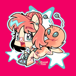 Size: 1300x1300 | Tagged: safe, artist:cherry_tree, oc, alien, alien pony, pony, chibi, cute, female, full body, happy, pink background, simple background, solo, stars, toy