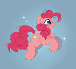 Size: 2200x2000 | Tagged: safe, artist:mirtash, pinkie pie, earth pony, pony, g4, blue background, chest fluff, cute, diapinkes, ear fluff, female, freckles, happy, high res, jumping, mare, open mouth, open smile, profile, side view, simple background, smiling, solo, sparkles, tail
