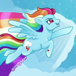 Size: 1800x1800 | Tagged: safe, artist:sparkytopia, rainbow dash, pegasus, pony, g3, g4, backwards cutie mark, female, flying, g4 to g3, generation leap, mare, rainbow trail, solo, spread wings, wings