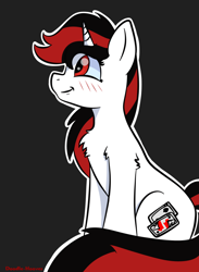 Size: 736x1008 | Tagged: safe, artist:doodle-hooves, oc, oc only, oc:blackjack, pony, unicorn, fallout equestria, fallout equestria: project horizons, blush lines, blushing, chest fluff, cute, fanfic art, gray background, horn, outline, red eyes, signature, simple background, sitting, small horn, smiling, solo, unicorn oc, white outline