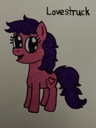 Size: 3024x4032 | Tagged: safe, artist:maddiedraws5678, oc, oc only, oc:lovestruck, earth pony, pony, g4, blue eyes, colored, cute, female, full body, hooves, mare, ocbetes, open mouth, open smile, purple hair, purple mane, purple tail, simple background, smiling, solo, standing, straight hair, straight mane, straight tail, tail, traditional art, white background