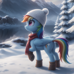 Size: 1250x1250 | Tagged: safe, ai composition, ai content, alternate version, derpibooru exclusive, generator:bluefox mix, generator:stable diffusion, prompter:adorablebluefox, prompter:tyto4tme4l, rainbow dash, pegasus, pony, g4, beanie, beanie hat, beautiful, boots, clothes, collaboration, cute, dashabetes, detailed, female, full body, happy, hat, hoofprints, lake, mare, mountain, mountain range, nature, outdoors, pretty, raised hoof, reflection, scarf, scenery, scenery porn, shoes, side view, smiling, snow, solo, standing, tail, tree, water, winter, winter outfit