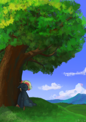 Size: 2480x3508 | Tagged: safe, artist:single purpose, oc, oc only, oc:treading step, pegasus, cloud, eyes closed, field, grass, male, painting, smiling, solo, tree